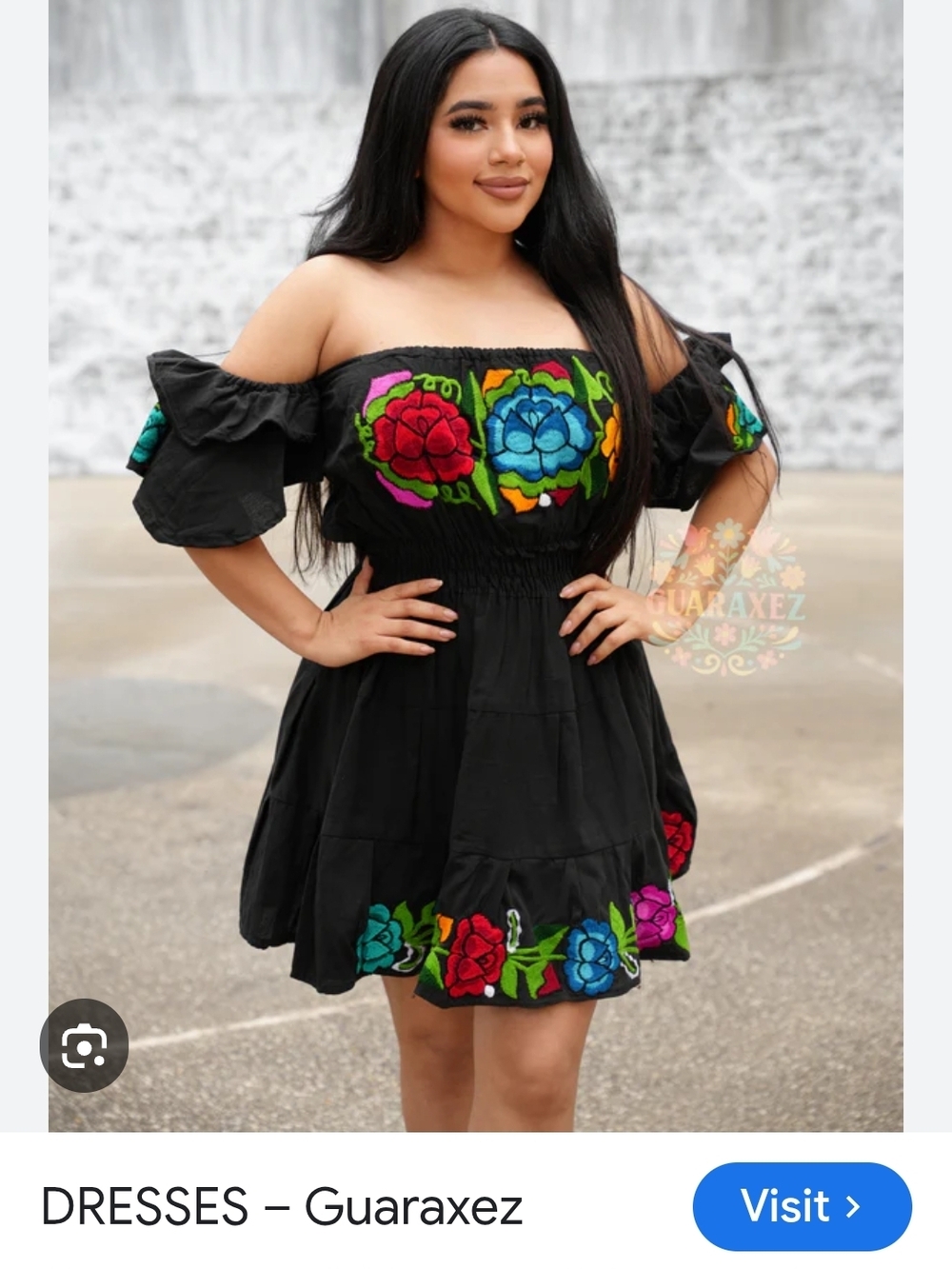 MEXICANA Black Off-Shoulder Mini Dress with Multicolor Floral Embroidery